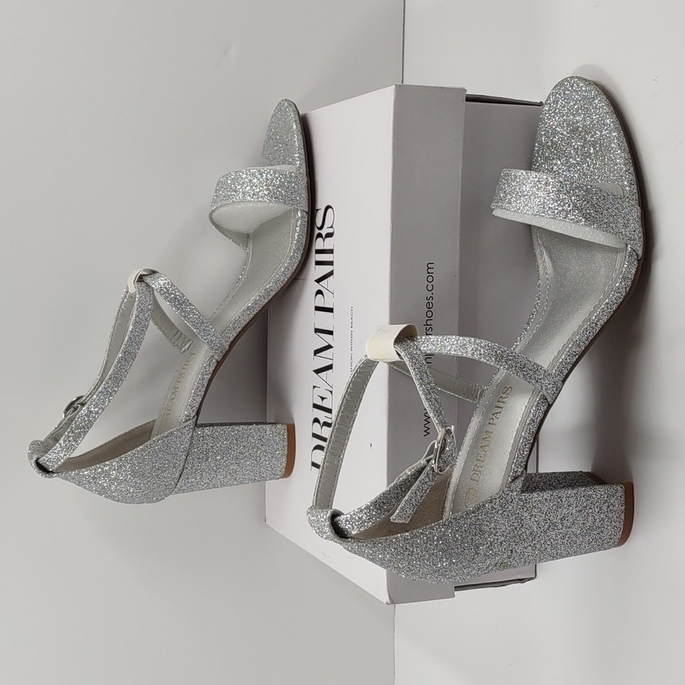 Women's Dream Pairs Silver Glitter Criss Cross Chunky Heel Ankle Strap Sandals